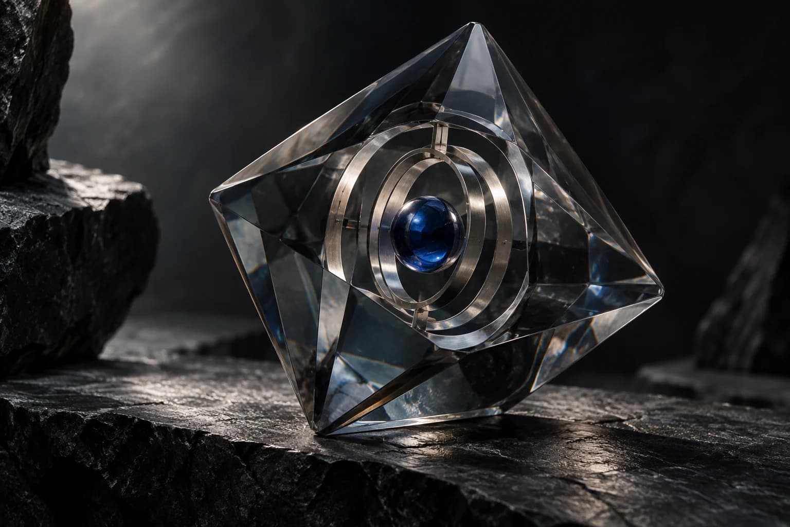Sculptural translucent credential with layered material and metal detailing; concept artwork for Veridex